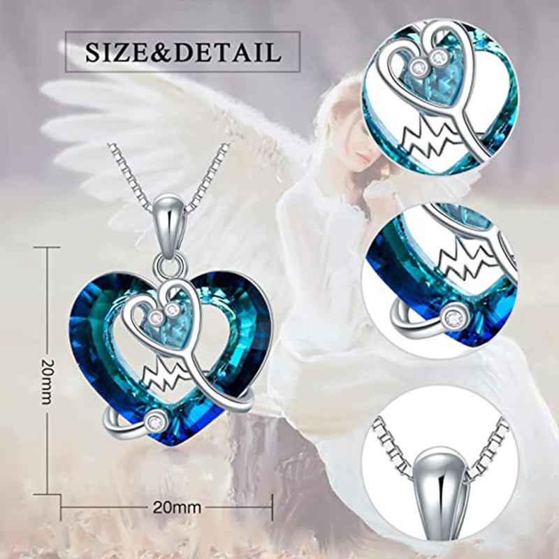 Sterling Silver Heart Shaped Heart Crystal Pendant Necklace-4
