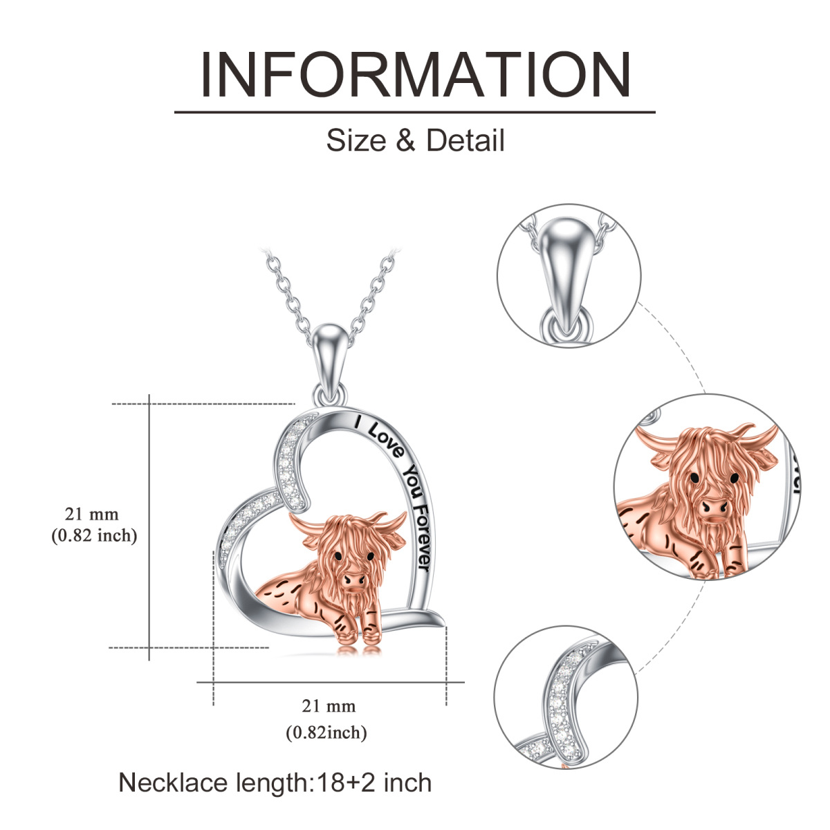 Sterling Silber zweifarbig kreisförmig Cubic Zirkonia Highland Cow & Herz Anhänger Halsket-7