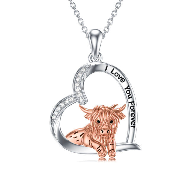 Sterling Silver Two-tone Circular Shaped Cubic Zirconia Highland Cow & Heart Pendant Necklace with Engraved Word-1