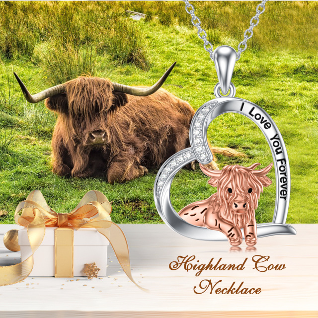 Sterling Silver Two-tone Circular Shaped Cubic Zirconia Highland Cow & Heart Pendant Necklace with Engraved Word-5