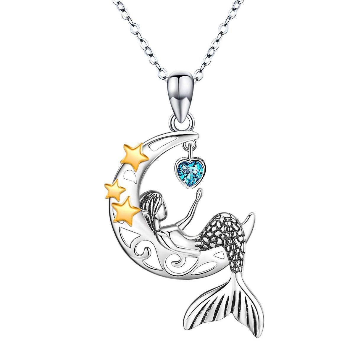 Sterling Silver Two-tone Zircon & Personalized Birthstone Mermaid Tail Pendant Necklace-1