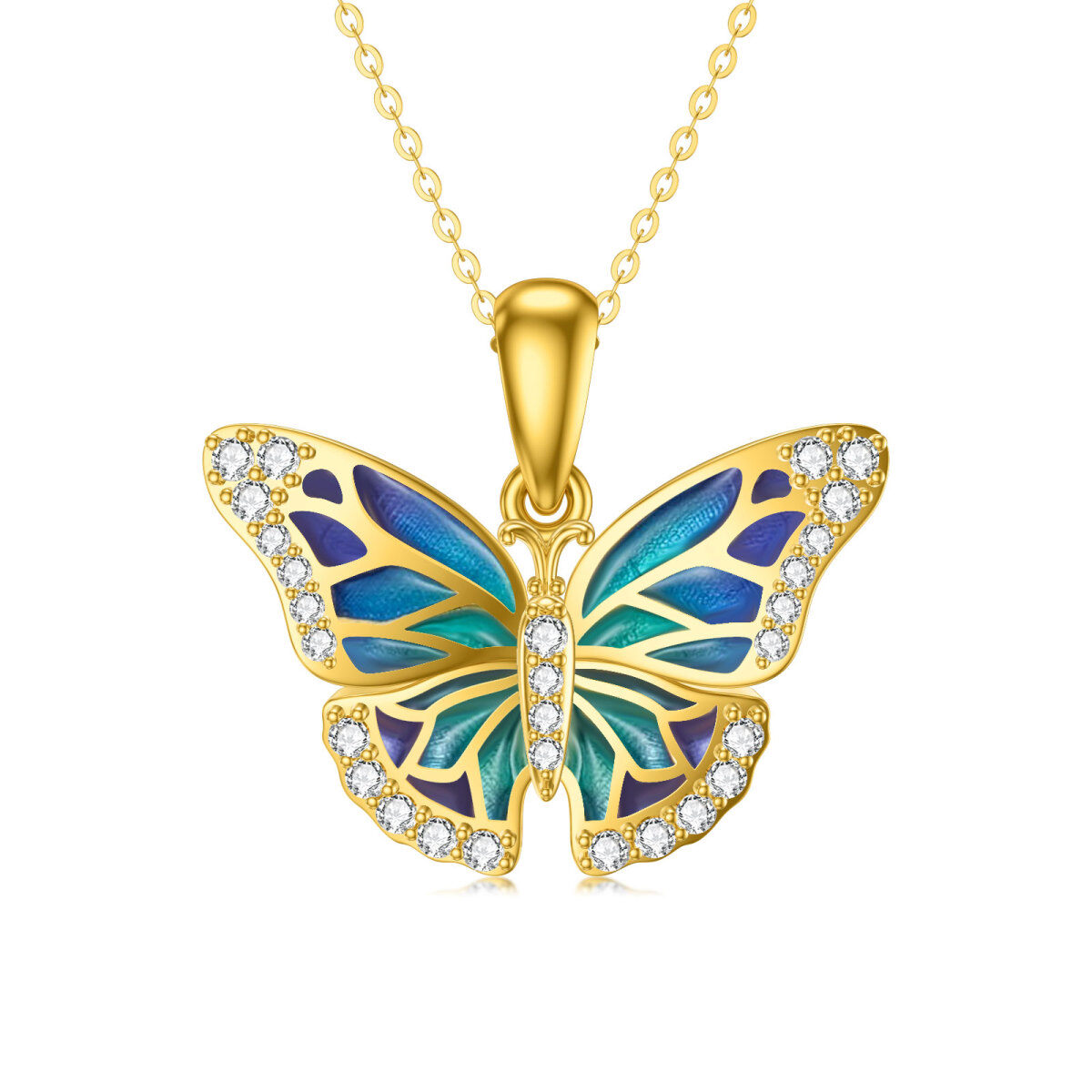 14K Gold Cubic Zirconia & Opal Butterfly Pendant Necklace-1