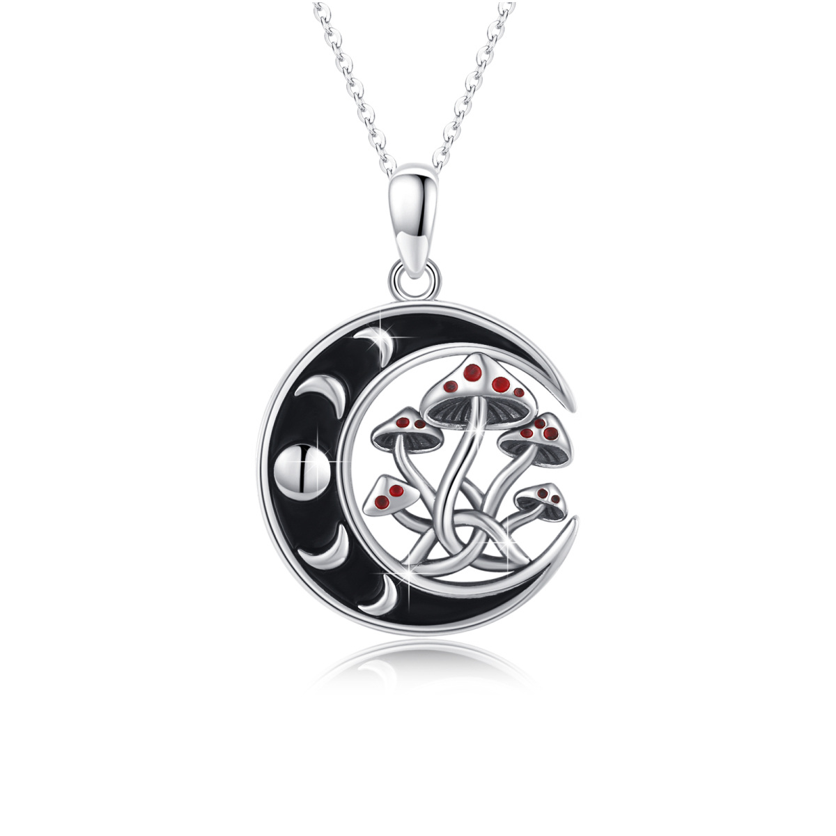 Sterling Silver Two-tone Mushroom & Moon Phase Pendant Necklace-1