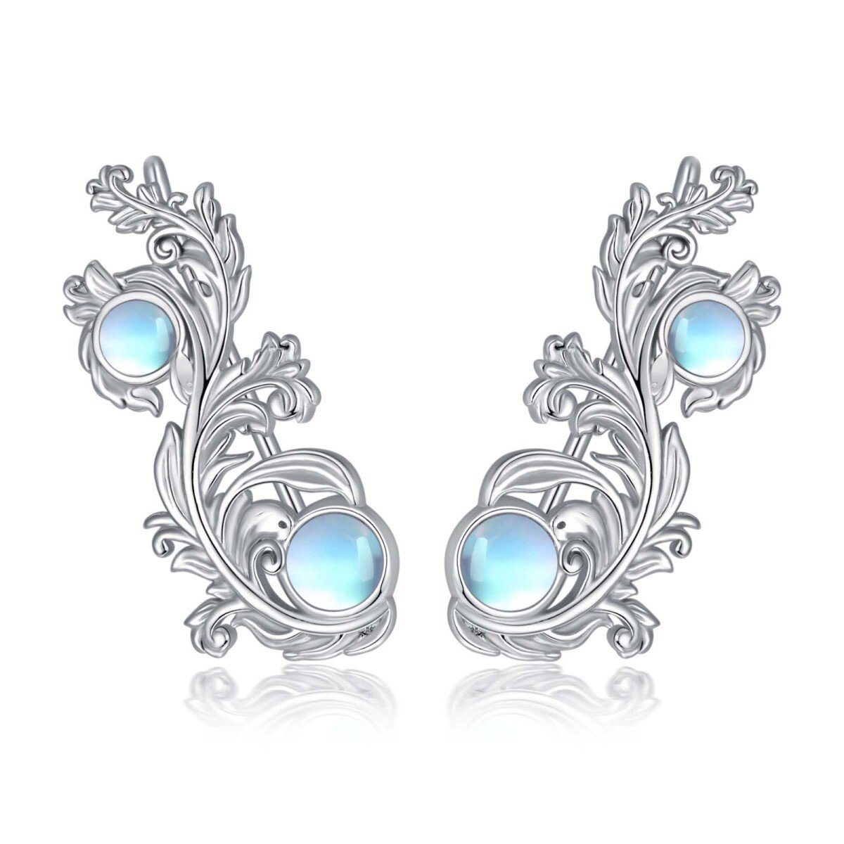 Sterling Silver Round Moonstone Filigree Climber Earrings-1