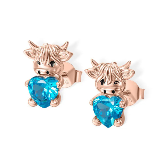 Sterling Silver with Rose Gold Plated Heart Shaped Cubic Zirconia & Personalized Birthstone Highland Cow Stud Earrings