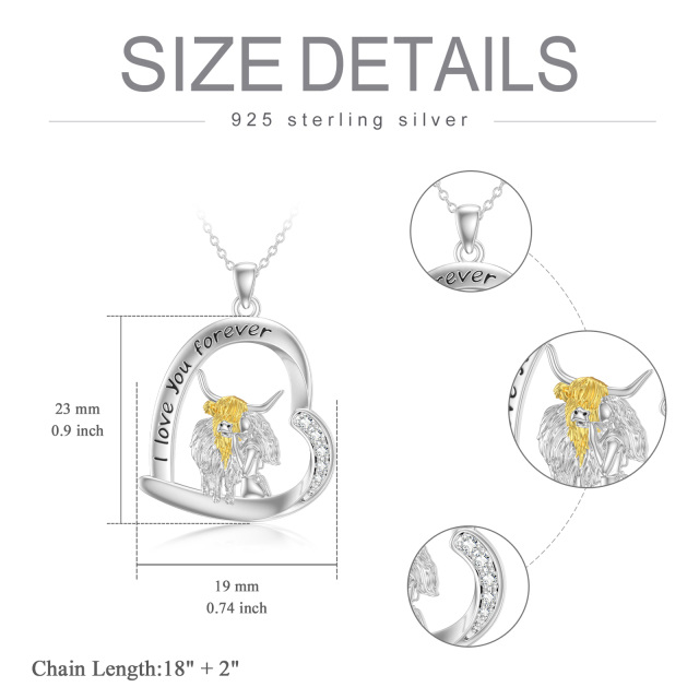 Sterling Silver Two-tone Cubic Zirconia Cow & Heart Pendant Necklace with Engraved Word-5