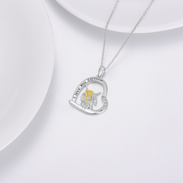 Sterling Silver Two-tone Cubic Zirconia Cow & Heart Pendant Necklace with Engraved Word-3