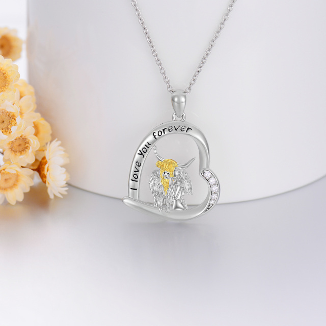 Sterling Silver Two-tone Cubic Zirconia Cow & Heart Pendant Necklace with Engraved Word-4