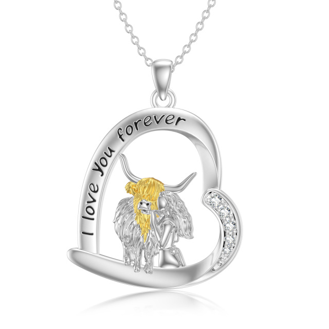 Sterling Silver Two-tone Cubic Zirconia Cow & Heart Pendant Necklace with Engraved Word-0