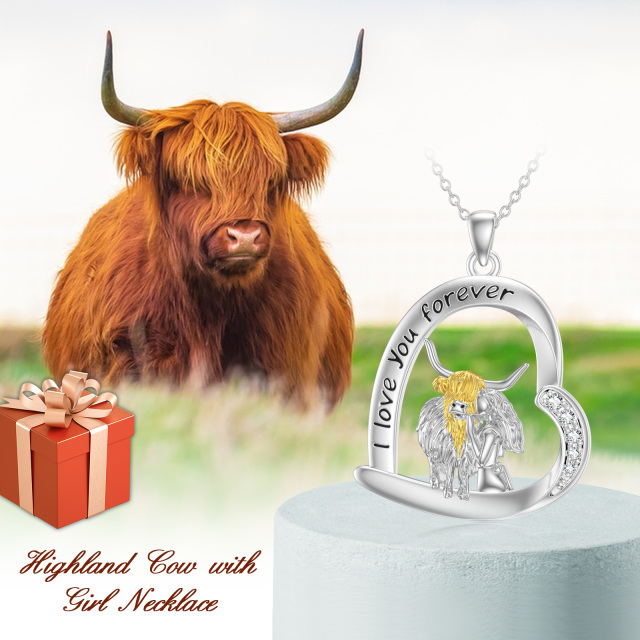Sterling Silver Two-tone Cubic Zirconia Cow & Heart Pendant Necklace with Engraved Word-2