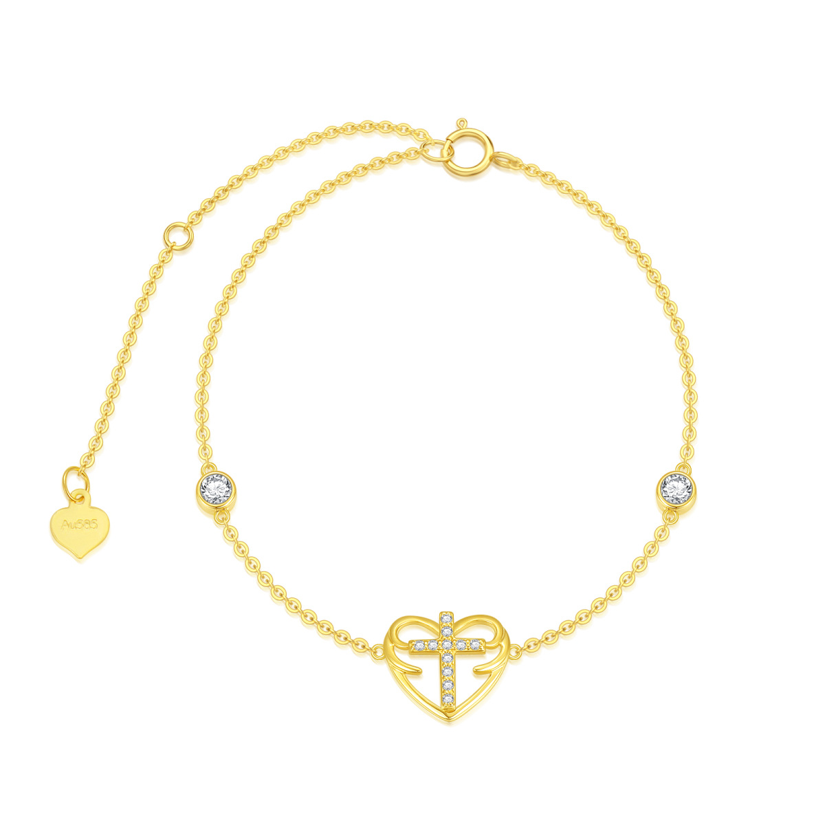 14K Gold Round Cubic Zirconia Cross & Heart Pendant Bracelet-1