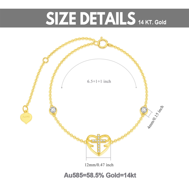 14K Gold Round Cubic Zirconia Cross & Heart Pendant Bracelet-3