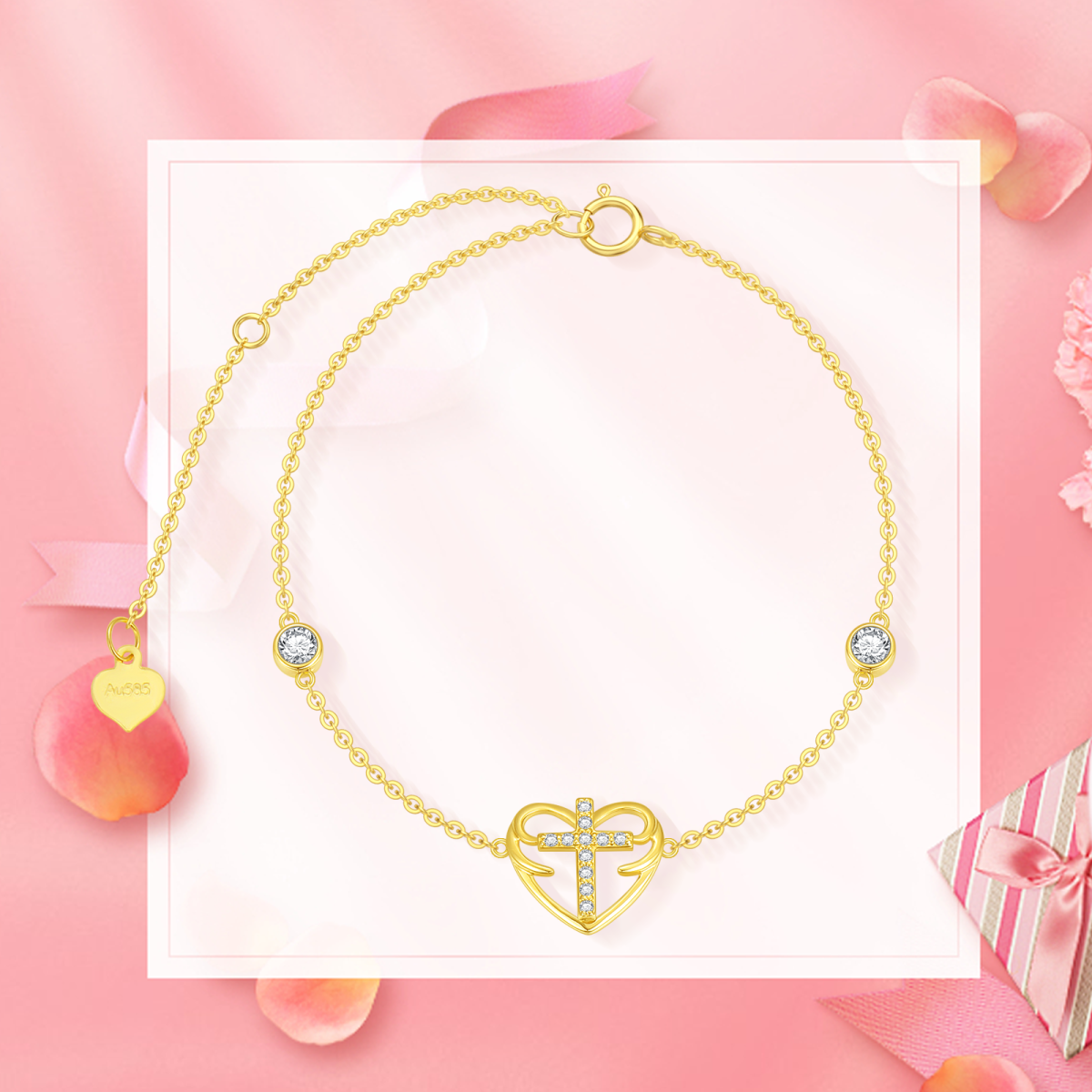 Bracelet en or 14K avec pendentif croix et coeur en zircon cubique rond-6