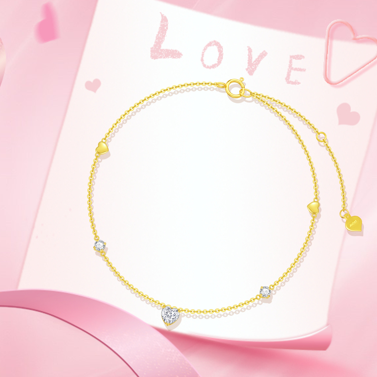 14K Gold Heart Shaped Cubic Zirconia Heart Single Layer Anklet-6