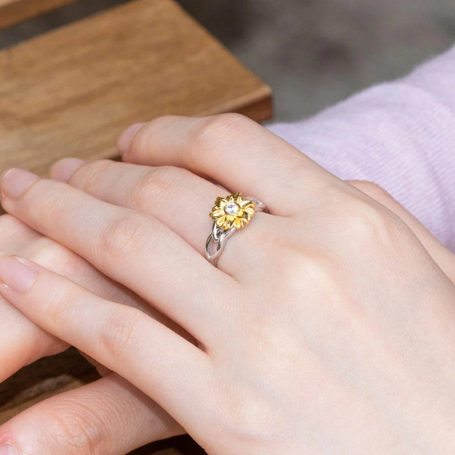 Sterling Silver Two-tone Sunflower Circular Shaped Cubic Zirconia Personalized Engraving Birthstone Ring-4