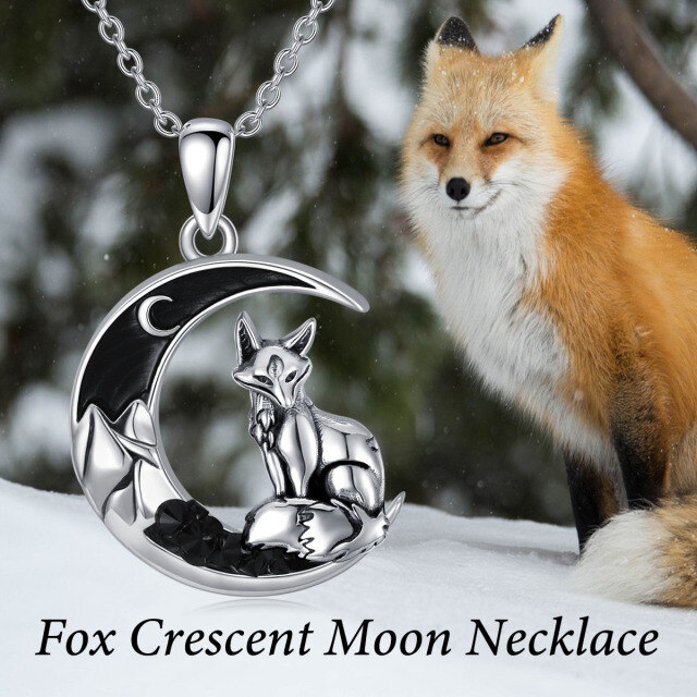 Sterling Silver with Black Rhodium Fox & Moon Pendant Necklace-2