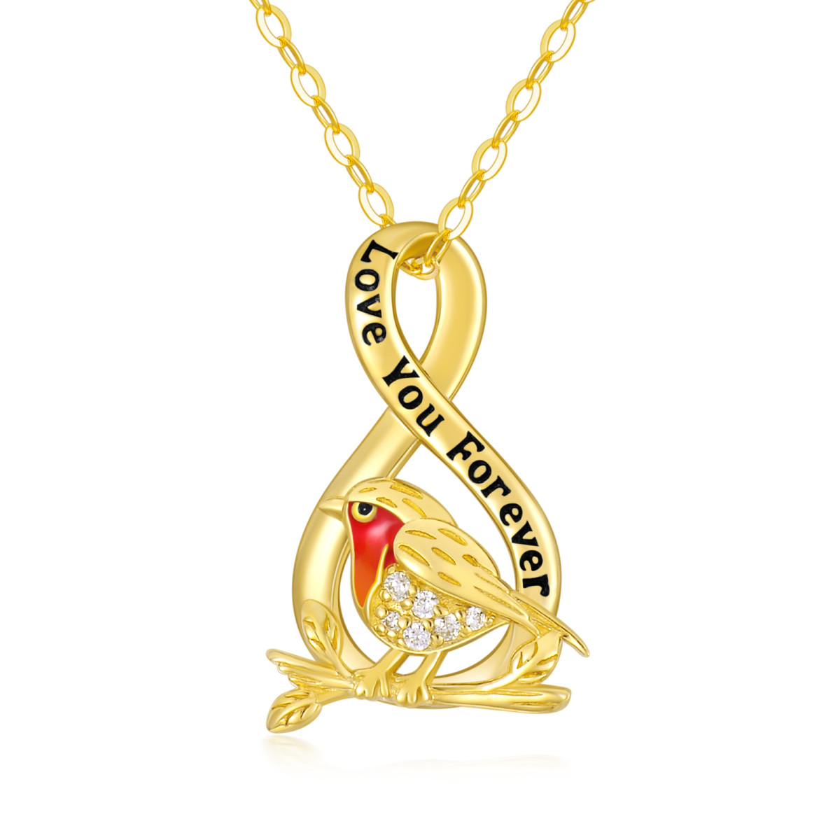 9K Gold Cubic Zirkonia Vogel & Unendlichkeit Symbol Anhänger Halskette mit eingraviertem W-1