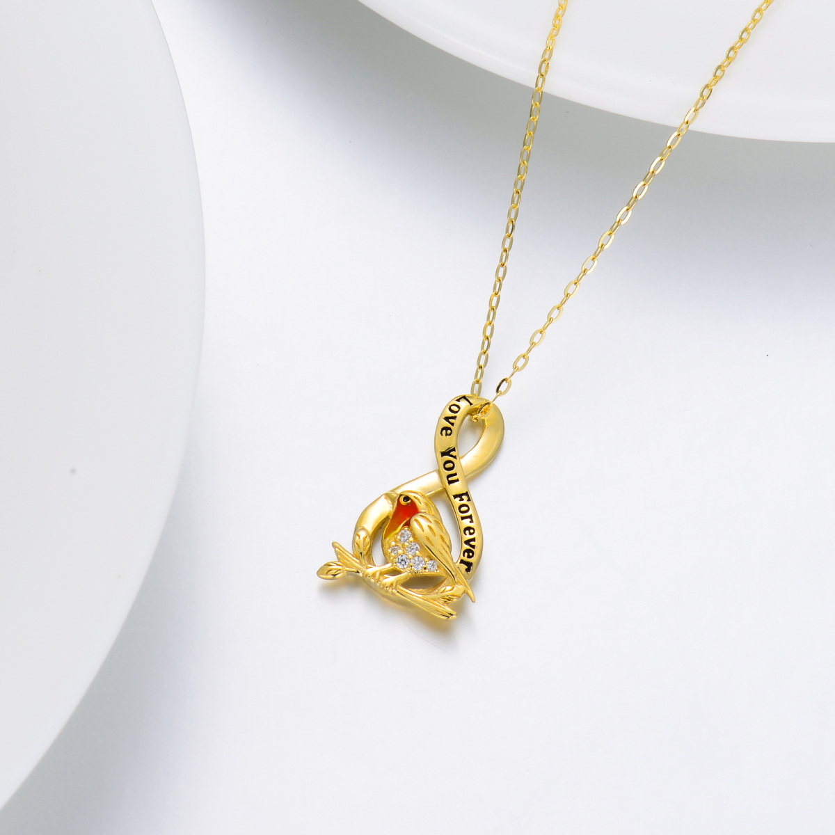 9K Gold Cubic Zirkonia Vogel & Unendlichkeit Symbol Anhänger Halskette mit eingraviertem W-4