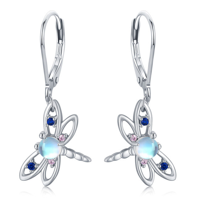 Sterling Silver Circular Shaped Moonstone Dragonfly Lever-back Earrings-1