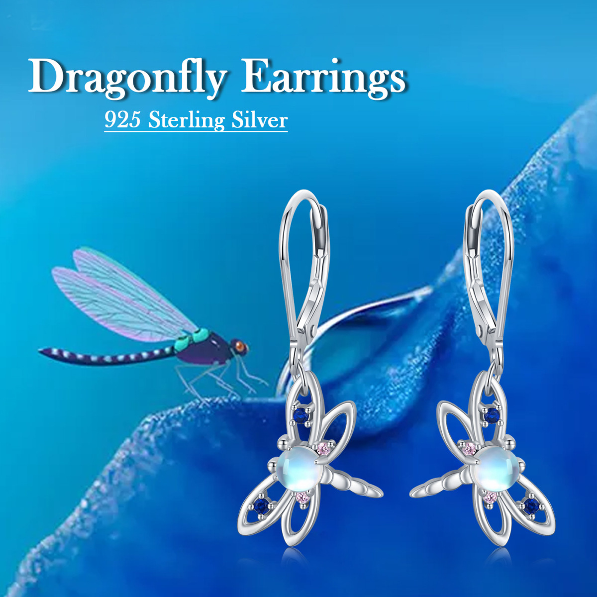 Sterling Silver Circular Shaped Moonstone Dragonfly Lever-back Earrings-6