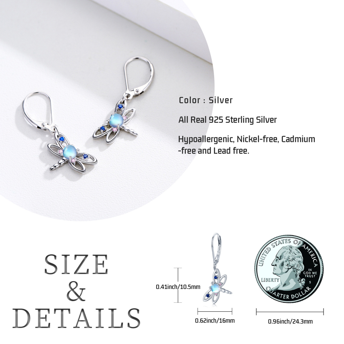 Sterling Silver Circular Shaped Moonstone Dragonfly Drop Earrings-7