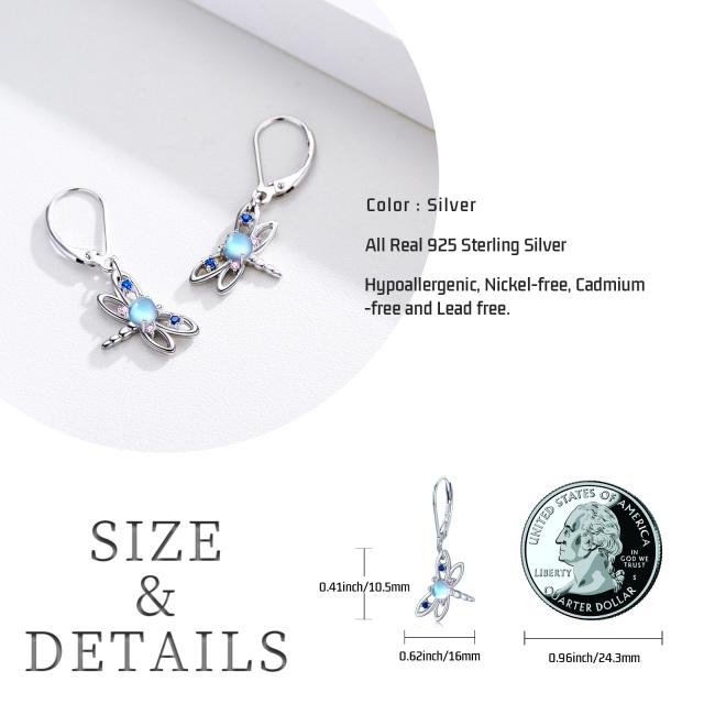 Sterling Silver Circular Shaped Moonstone Dragonfly Lever-back Earrings-7