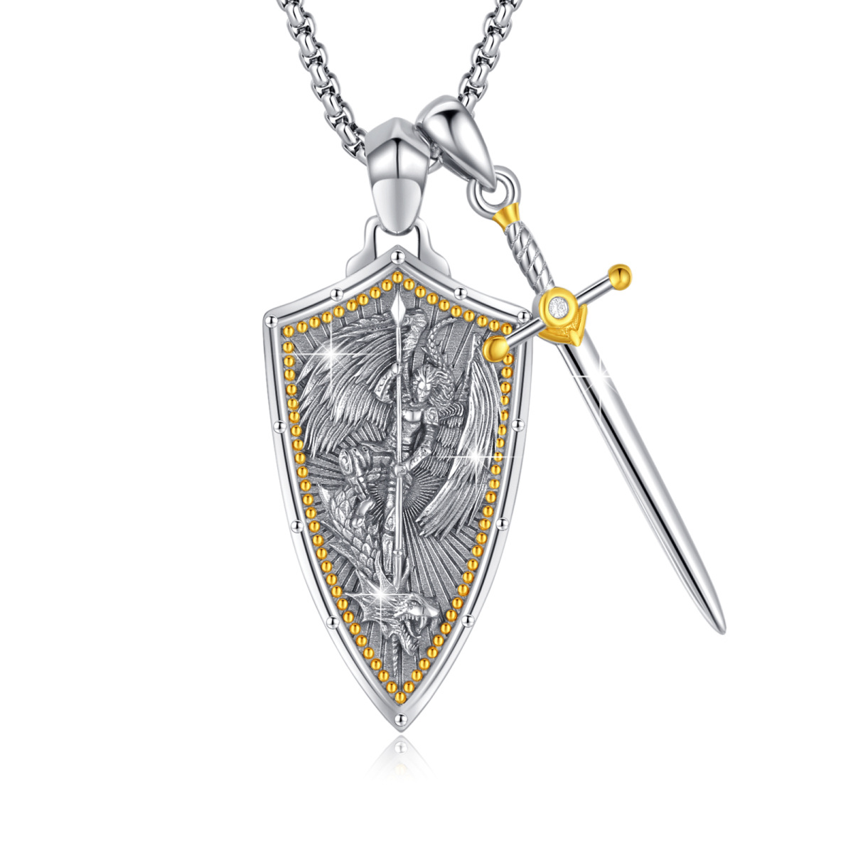 Sterling Silver Two-tone Saint Michael & Shield & Sword Pendant Necklace for Men-1