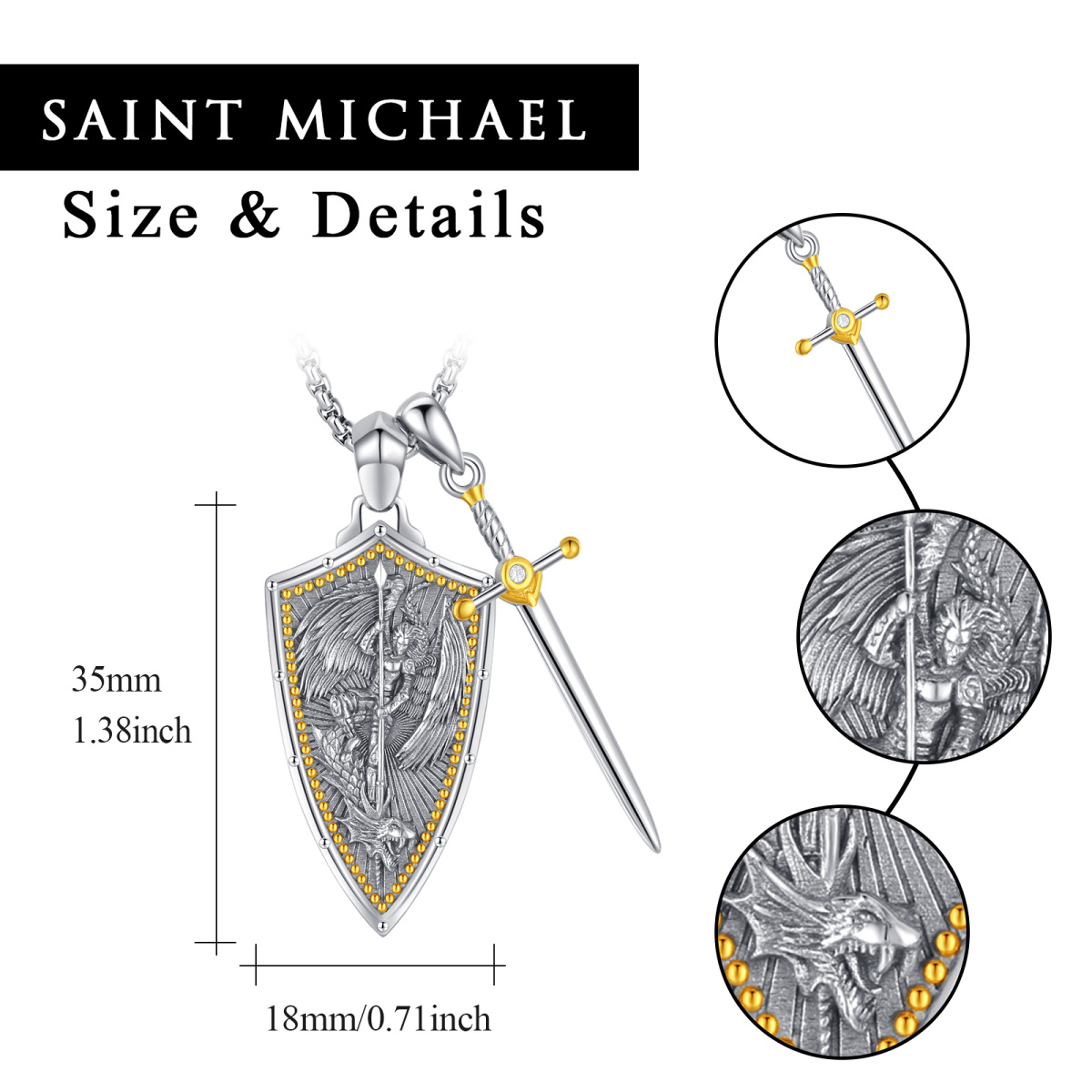 Sterling Silver Two-tone Saint Michael & Shield & Sword Pendant Necklace for Men-6
