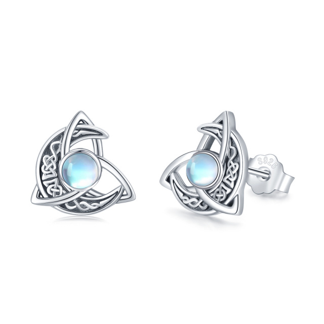 Sterling Silver Circular Shaped Moonstone Celtic Knot & Moon Stud Earrings-1