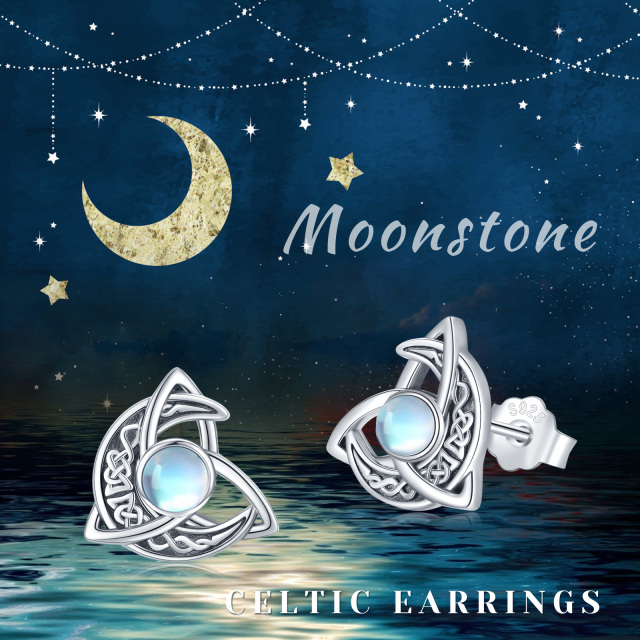 Sterling Silver Circular Shaped Moonstone Celtic Knot & Moon Stud Earrings-5