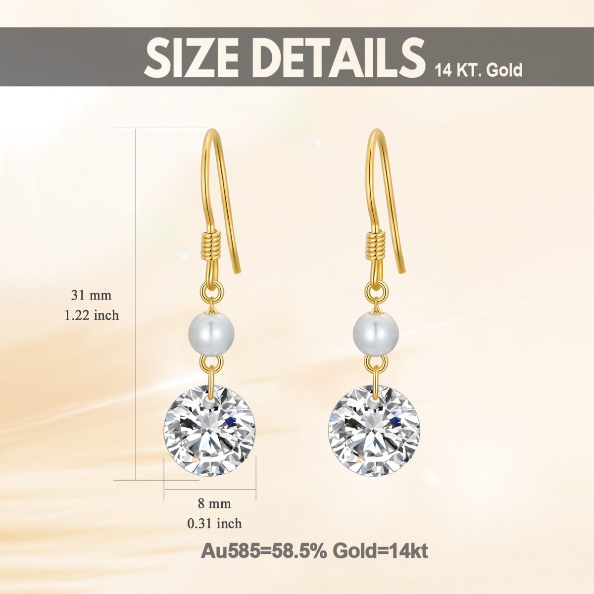 14K Gold 5mm Natural Freshwater Pearl Zircon Drop Earrings Jewelry Gift for Women-5