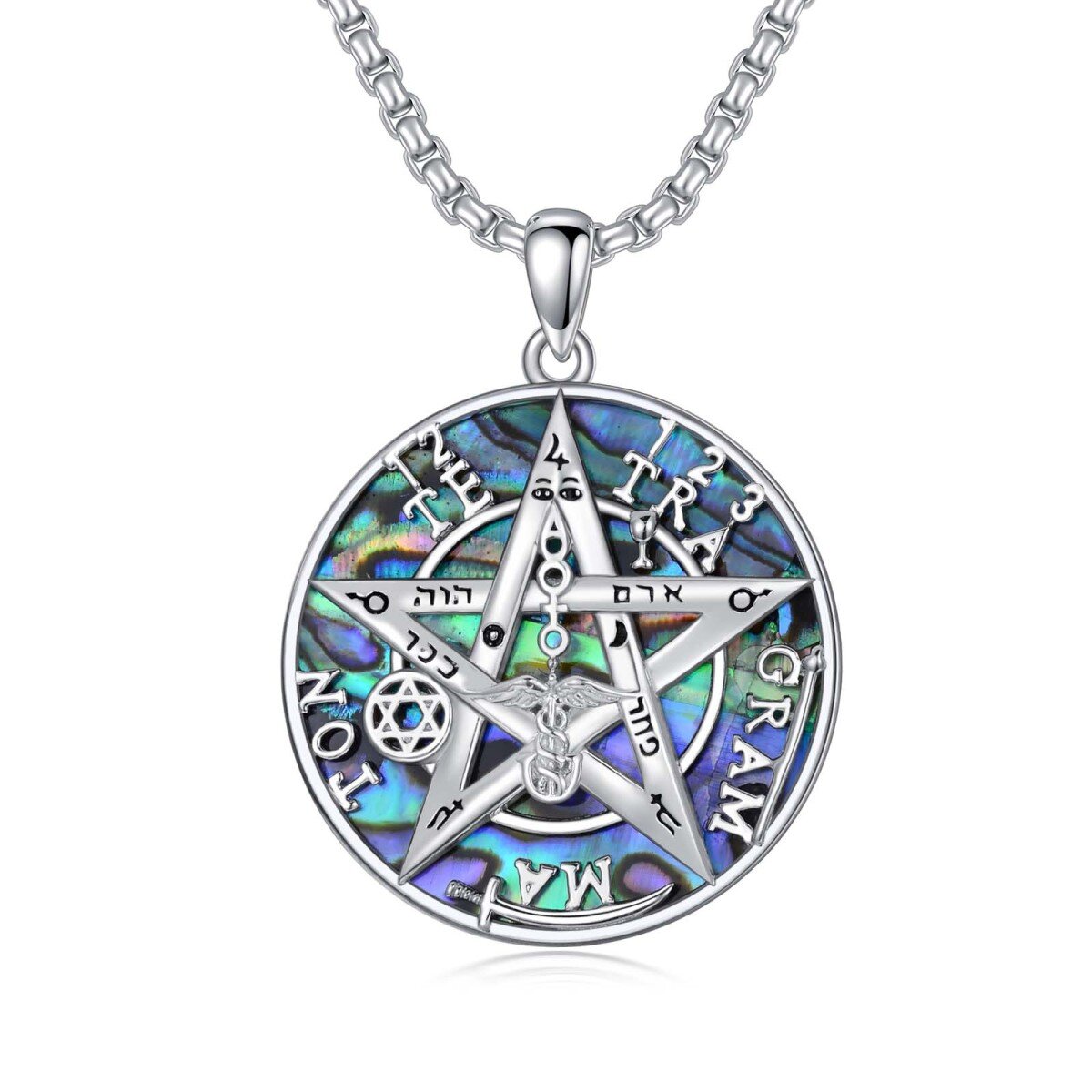 Sterling Silver Abalone Shellfish Tetragrammaton Pentagram Pendant Necklace for Men-1
