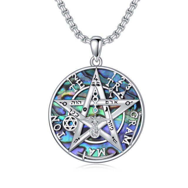 Sterling Silver Abalone Shellfish Tetragrammaton Pentagram Pendant Necklace for Men-0