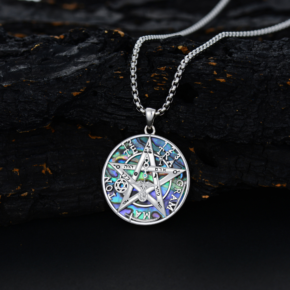 Sterling Silver Abalone Shellfish Tetragrammaton Pentagram Pendant Necklace for Men-4