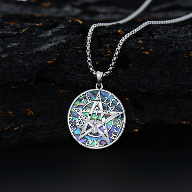 Sterling Silver Abalone Shellfish Tetragrammaton Pentagram Pendant Necklace for Men-3