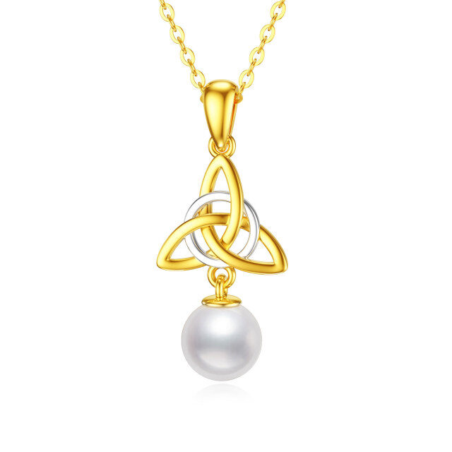 14K White Gold & Yellow Gold Circular Shaped Pearl Celtic Knot Pendant Necklace-0