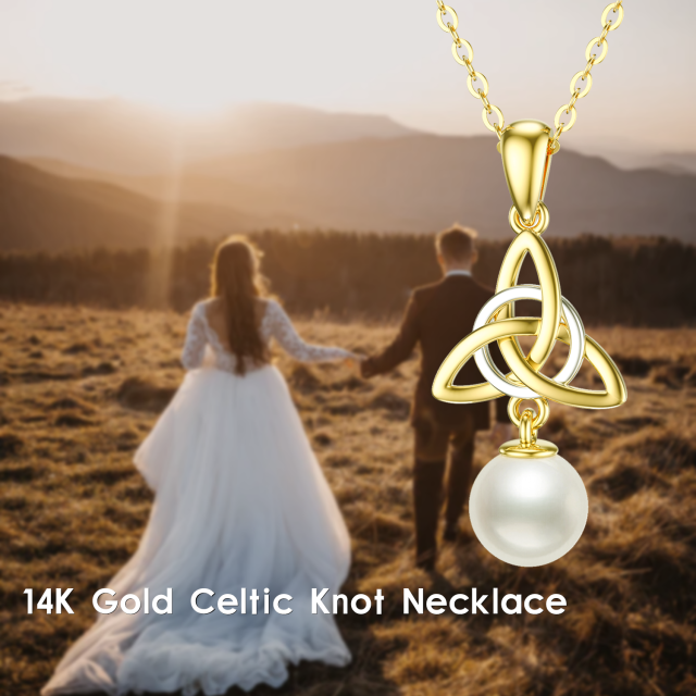 14K White Gold & Yellow Gold Circular Shaped Pearl Celtic Knot Pendant Necklace-4