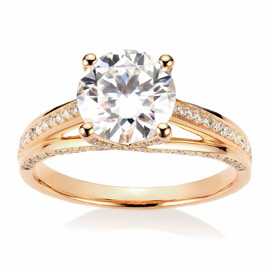 14-karatowy złoty okrągły moissanit ze spersonalizowanym grawerem i pierścionkiem zaręczynowym dla pary