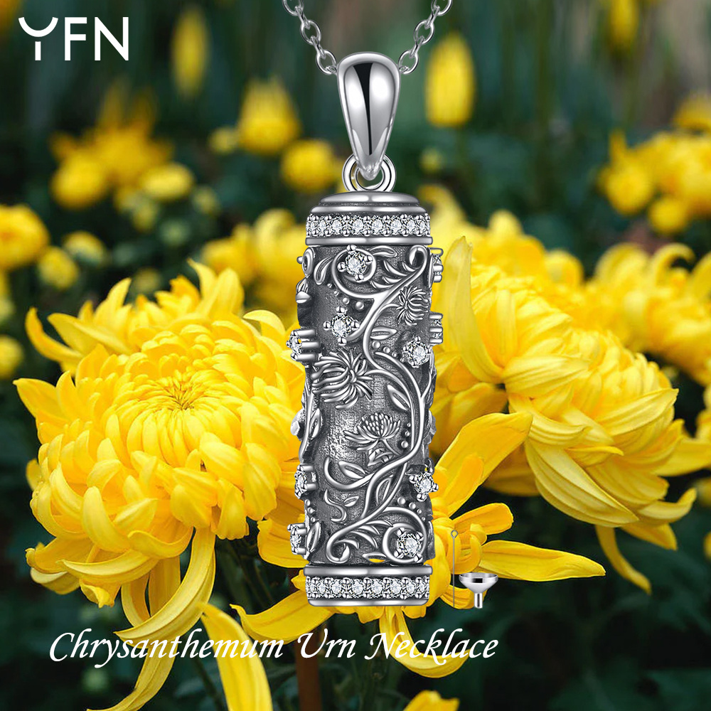 Collier d'urne pour cendres en argent cubique avec fleurs de chrysanthème à la naissance-6