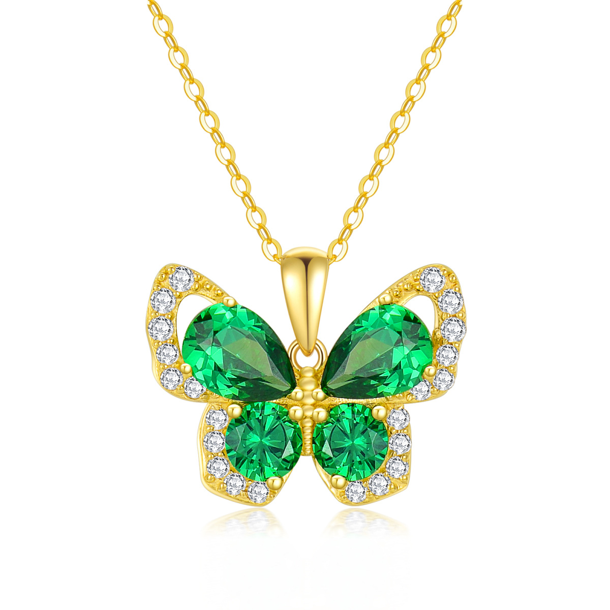 14K Gold Emerald Cubic Zirconia Butterfly Pendant Necklace-1