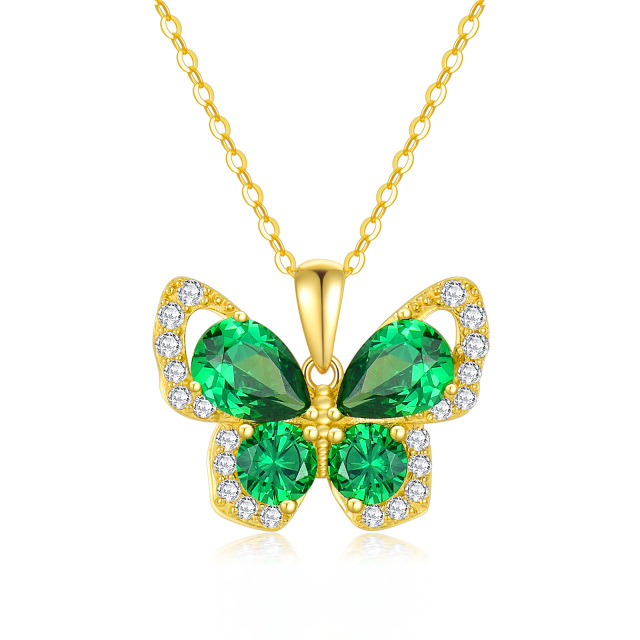 Colar pendente borboleta esmeralda com zircónias cúbicas em ouro de 14K-0