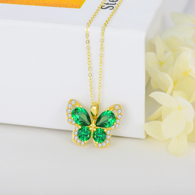 Colar pendente borboleta esmeralda com zircónias cúbicas em ouro de 14K-2