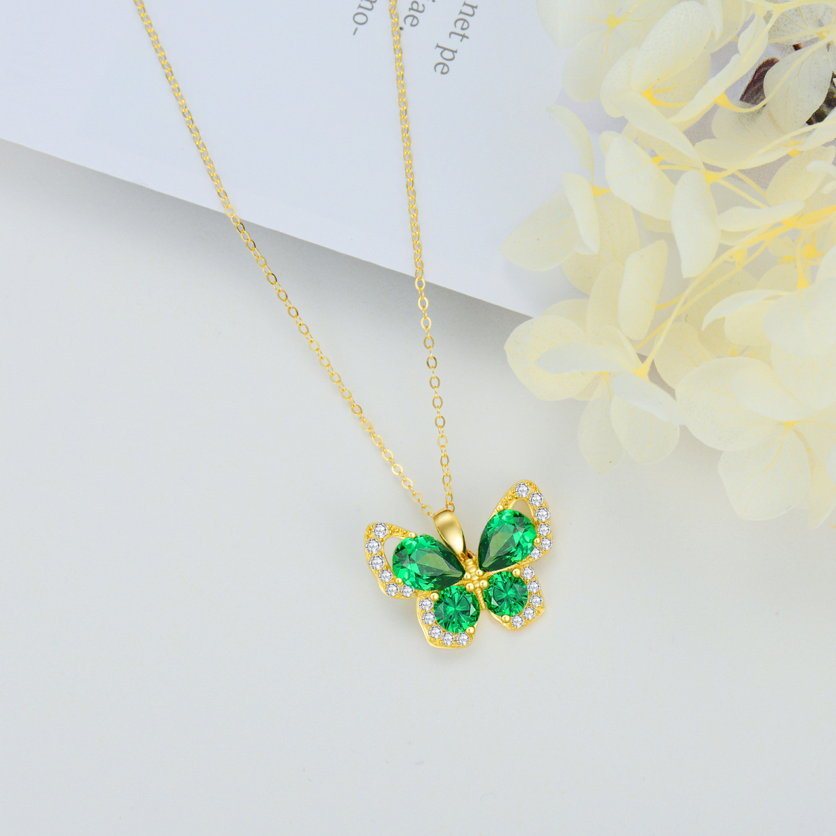 14K Gold Emerald Cubic Zirconia Butterfly Pendant Necklace-4