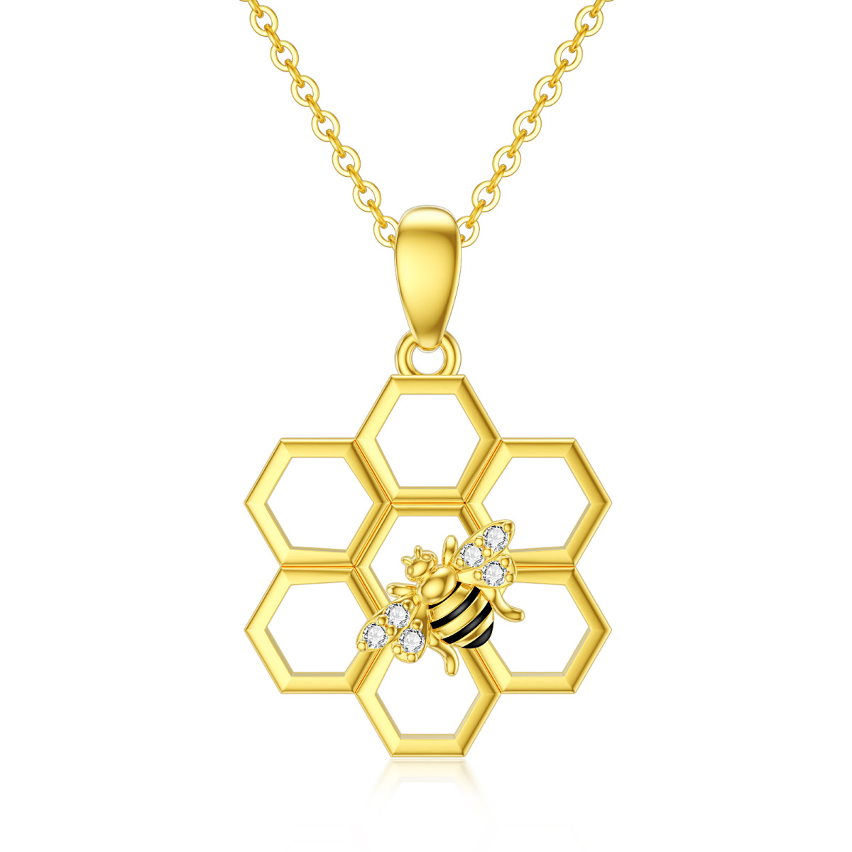14K Gold Cubic Zirconia Bees & Hive Pendant Necklace-1