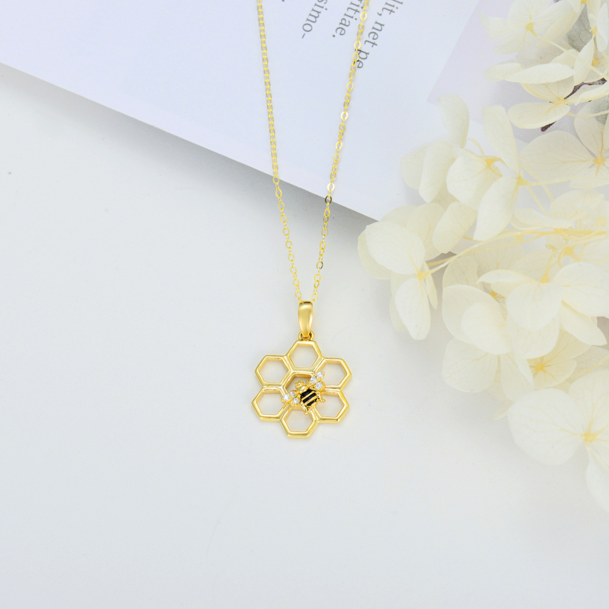 14K Gold Cubic Zirconia Bees & Hive Pendant Necklace-4