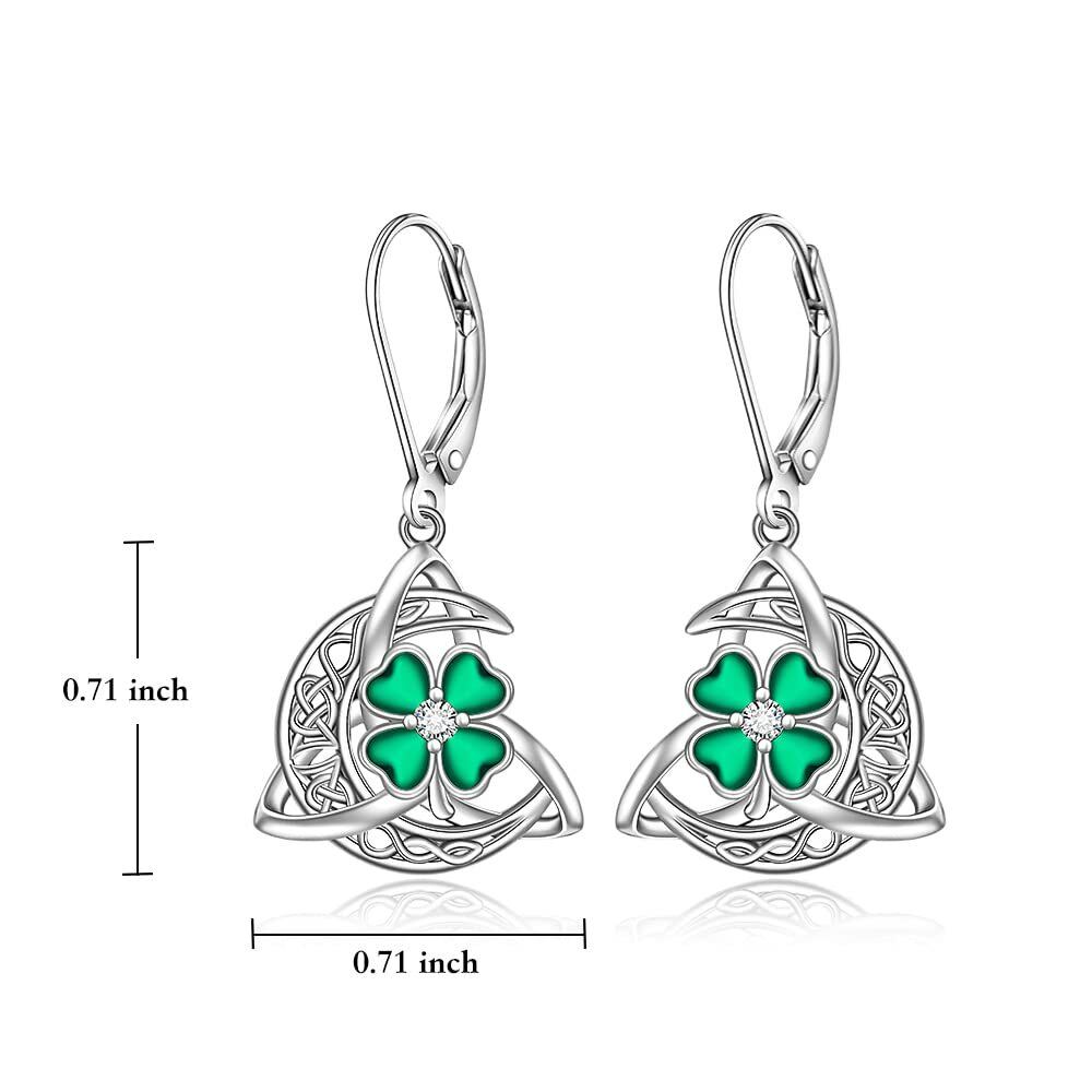 Sterling Silver Circular Shaped Cubic Zirconia Four Leaf Clover & Celtic Knot & Moon Lever-back Earrings-4