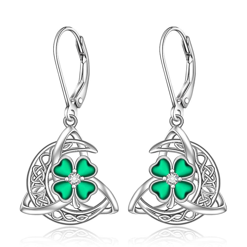 Sterling Silver Circular Shaped Cubic Zirconia Four Leaf Clover & Celtic Knot & Moon Lever-back Earrings-1