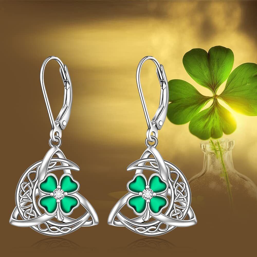 Sterling Silver Circular Shaped Cubic Zirconia Four Leaf Clover & Celtic Knot & Moon Lever-back Earrings-5