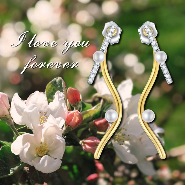 Boucles d'oreilles pendantes en or blanc et or jaune 14K Moissanite et perle-3