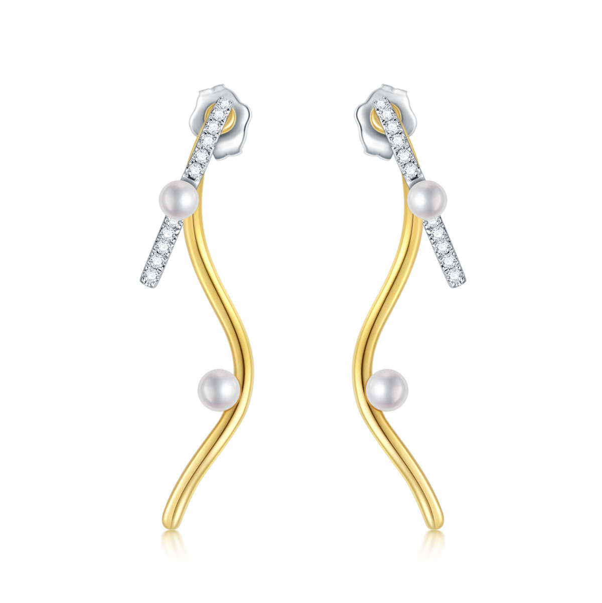 Boucles d'oreilles pendantes en or blanc et or jaune 14K Moissanite et perle-1